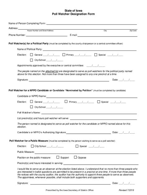 Fillable Online Sos Iowa State Of Iowa Poll Watcher Designation Form