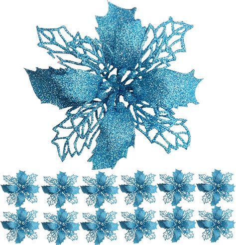 Christmas Glitter Poinsettia Flowers Pieces Blue Artificial Flowers