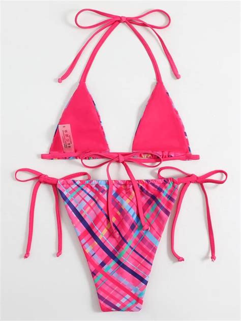 Plaid Halter Triangle Tie Side Bikini Swimsuit SHEIN USA