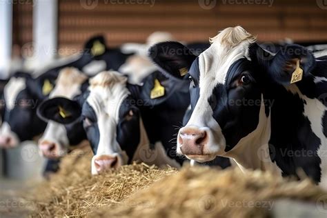 Ai Generated Group Of Cows At Cowshed Eating Hay Or Fodder On Dairy