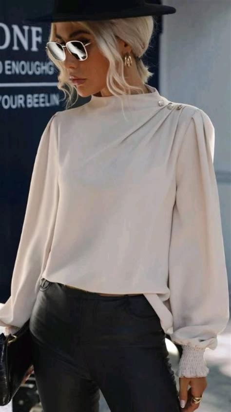 Mock Neck Bishop Sleeve Shirred Cuff Blouse Women Blouses Fashion