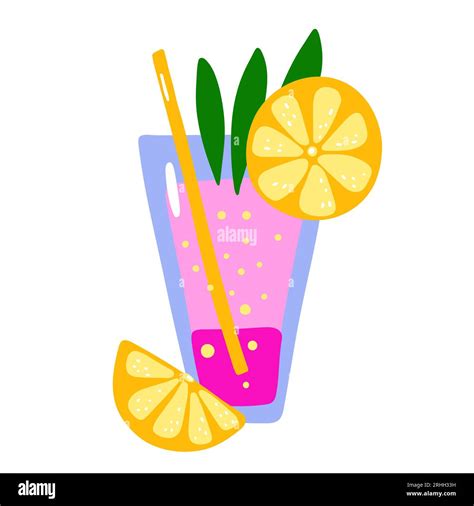 Cartoon Tropical Cocktail Pink Layers Drink On White Background Hand