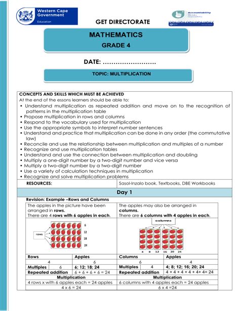 Lesson Plans Gr 4 Mathematics Term 1 Week 7 Multiplication Lesson 1