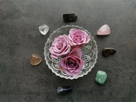 Top View Of Pink Roses In Glass Bowl And Natural Stones On Dark