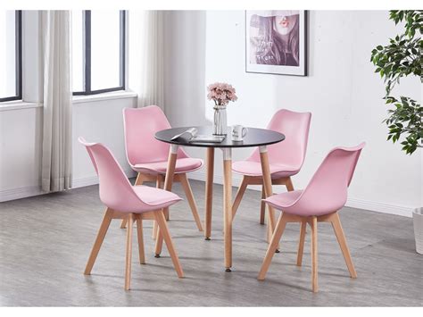 Table noire ronde 4 chaises scandinaves roses ensemble pour salle à