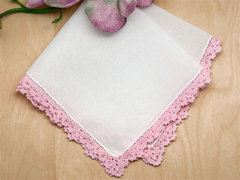 Set Of Small Crochet Lace Handkerchiefs With Pink Edges