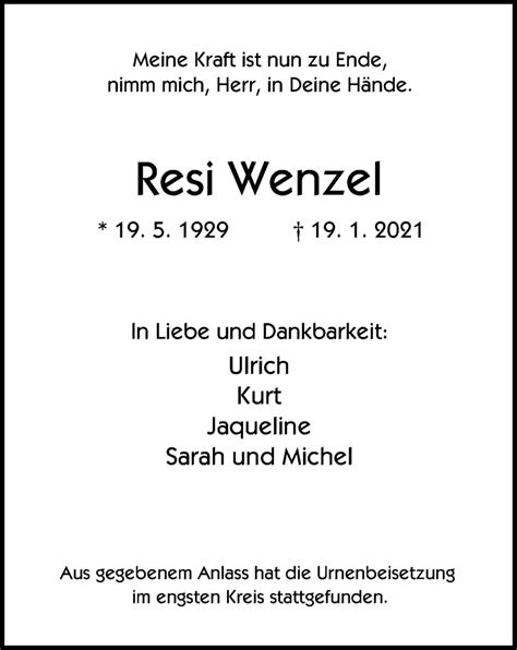 Traueranzeigen Von Resi Wenzel Trauer In Nrw De