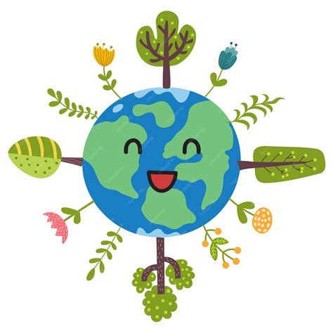 Planeta Tierra Feliz Con Estampado De árboles Y Plantas Lindo Personaje De La Tierra