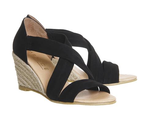 Office Maiden Cross Strap Mid Heel Espadrille Wedges Black Suede Mid