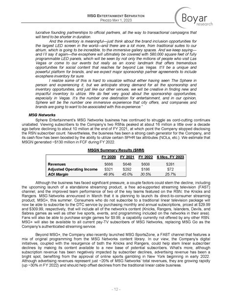 MSG Entertainment Separation Report - Boyar Research