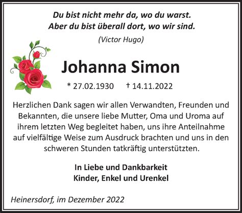 Traueranzeigen Von Johanna Simon M Rkische Onlinezeitung Trauerportal