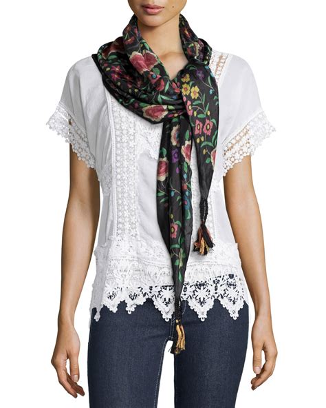 Johnny Was Floral Print Silk Tassel Scarf Multi