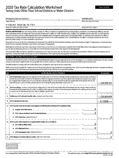 Fillable Online 2020 Tax Rate Calculation Worksheet Form 50 856 Taxing