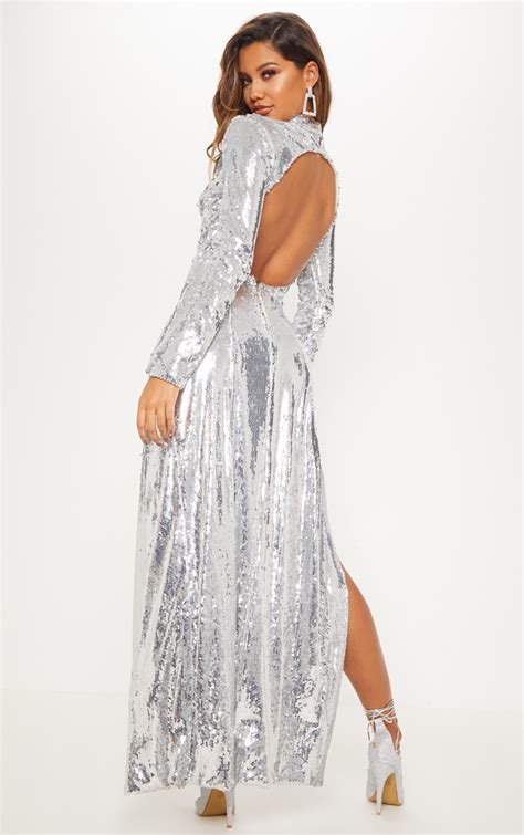 Silver Sequin Backless Maxi Dress Dresses Prettylittlething Ksa