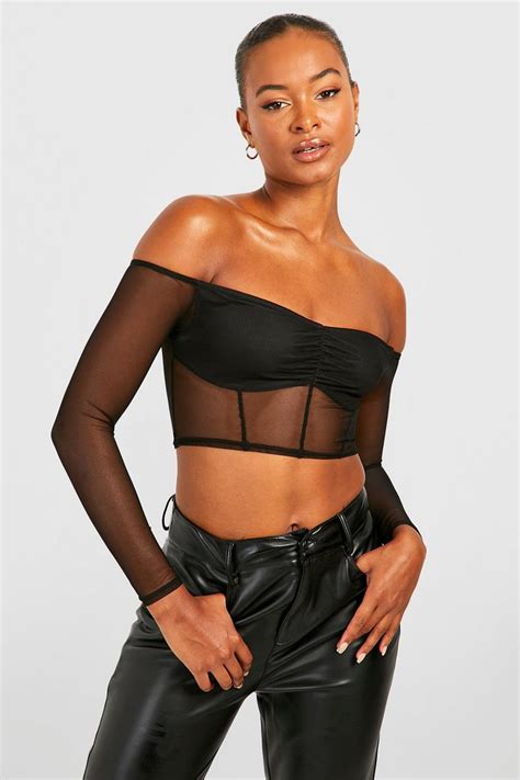 Tall Mesh Off The Shoulder Corset Style Top Boohoo