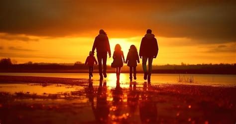 Una Familia Camina Por La Playa Al Atardecer Foto Premium