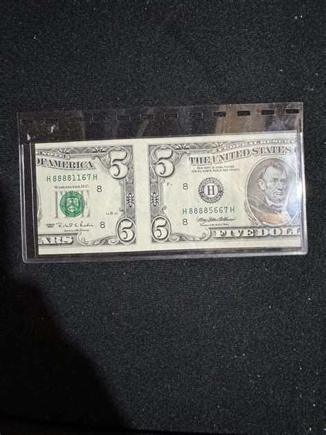 Five Dollar Bill Miscut Mismatch Serial Number 8888 Serial Number Ca