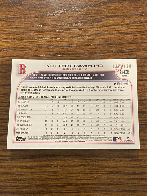 Mavin 2022 Topps Chrome Rookie Red Sox Kutter Crawford RC Blue