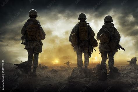 Soldiers Walking On The Battlefield Illustration Of The Army On The