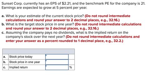 Solved Sunset Corp Currently Has An EPS Of 2 21 And The Chegg