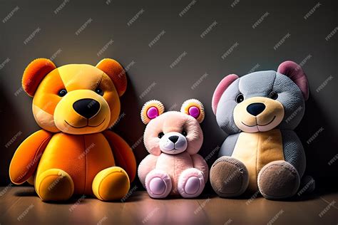 Free Photo Three Stuffed Animals Sit On A Dark Background