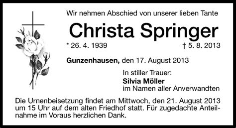 Traueranzeigen Von Christa Springer Trauer Nn De