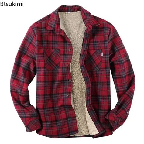 New2024 Men S Plaid Plus Fleece Jacket Autumn Winter Turn Down Collar