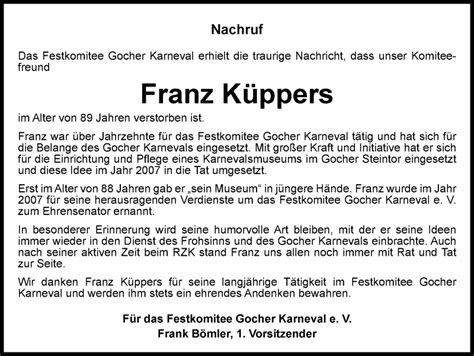 Traueranzeigen von Franz Küppers Trauer in NRW de