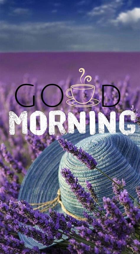 The Words Good Morning Are In Front Of Lavenders And A Hat With A Cup On It