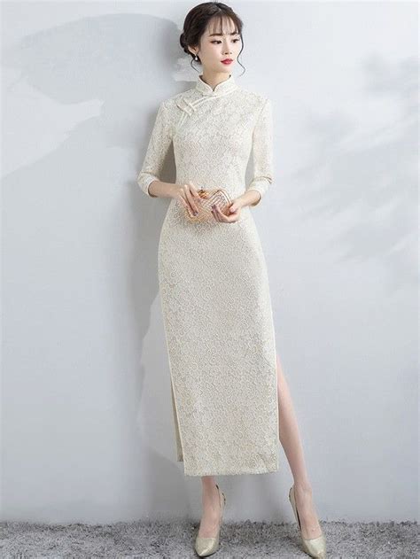 White Lace Long Qipao Cheongsam Dress With Split Women Silk Dress Cheongsam Dress Chinese