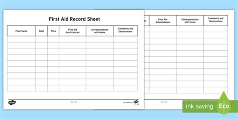 First Aid Record Checklist Teacher Made