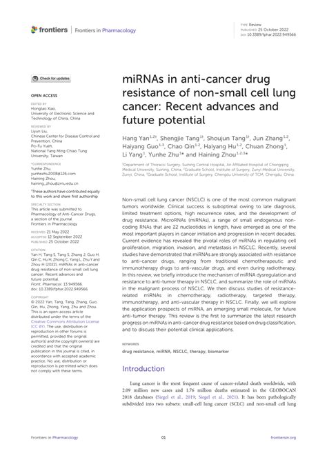 Pdf Mirnas In Anti Cancer Drug Resistance Of Non Small Cell Lung Cancer Recent Advances And