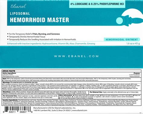 Ebanel Lidocaine Hemorrhoid Treatment Ointment 1 6oz Anal Fissure