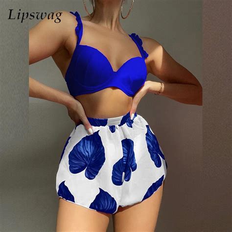 Conjunto de Bikini plisado con volantes para mujer traje de baño de 3