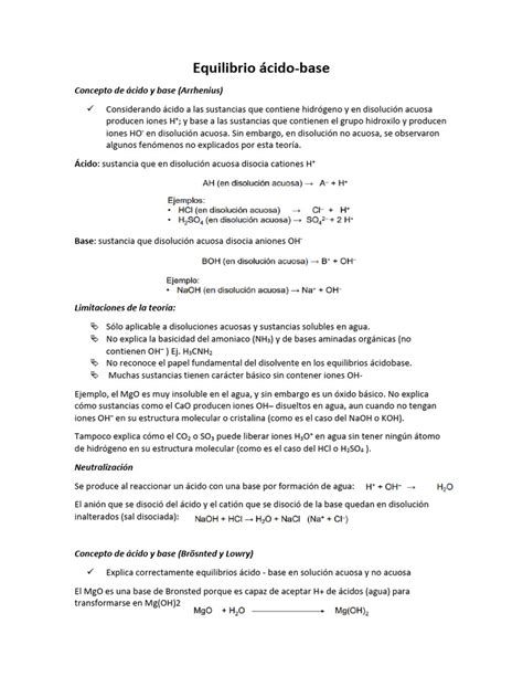 Equilibrio Acido Base Resúmenes De Química Pdf