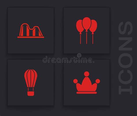 Set Jester Hat With Bells Roller Coaster Balloons Ribbon And Hot Air Balloon Icon Vector