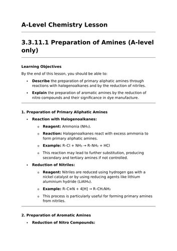 Preparation Of Amines A Level Chemistry Lesson Teaching Resources