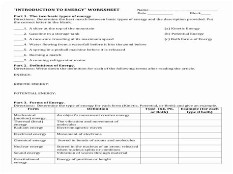 Introduction To Energy Worksheets Answers