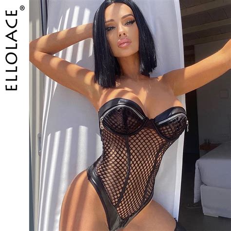 Ellolace Sensual Fishnet Bodysuit Women Latex Exotic Costumes Sexy