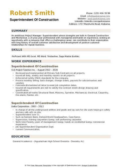 Superintendent Of Construction Resume Samples Qwikresume