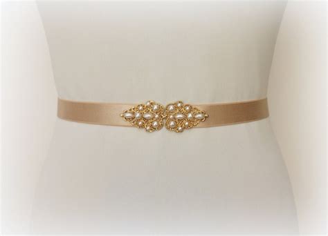 Champagne Bridal Elastic Waist Belt Gold Jeweled Pearly Wedding Dress