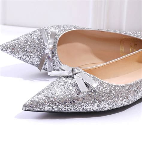 Sparkly Silver Glitter Wedding Shoes Sequins Bow Pointed Toe Flat