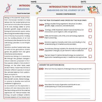 Introduction To Biology Reading Comprehension Biology Worksheets