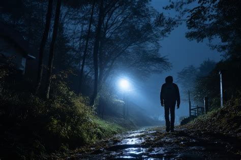 Premium AI Image | a person walking down a path in the woods at night