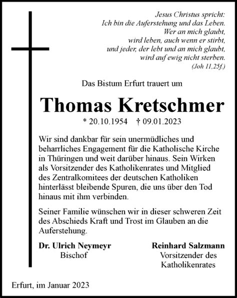 Traueranzeigen Von Thomas Kretschmer Trauer In Thueringen De