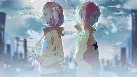 HD wallpaper: anime girls, zhibuji loom, city, rain, back to back ...