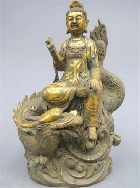 Bi001941 17 Tibet Buddhism Temple Old Bronze Gild Kwan Yin Ride Dragon