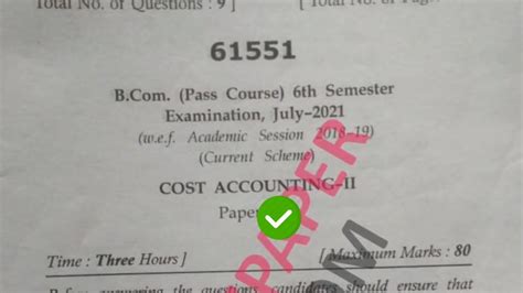 Mdu BCom 6th Sem Cost Accounting Question Paper 2021 YouTube