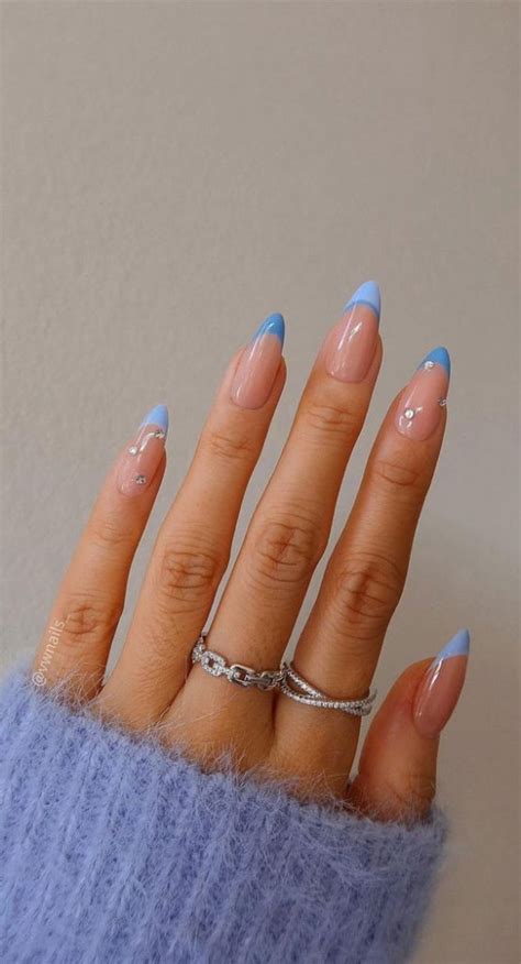 31 Cute Sky Blue French Tip Nails Almond Nails With Rhinestones 1 Fab Mood Wedding Color