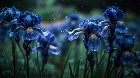 Blue Iris Flowers Raining On Grass Background Blue Irises Hd